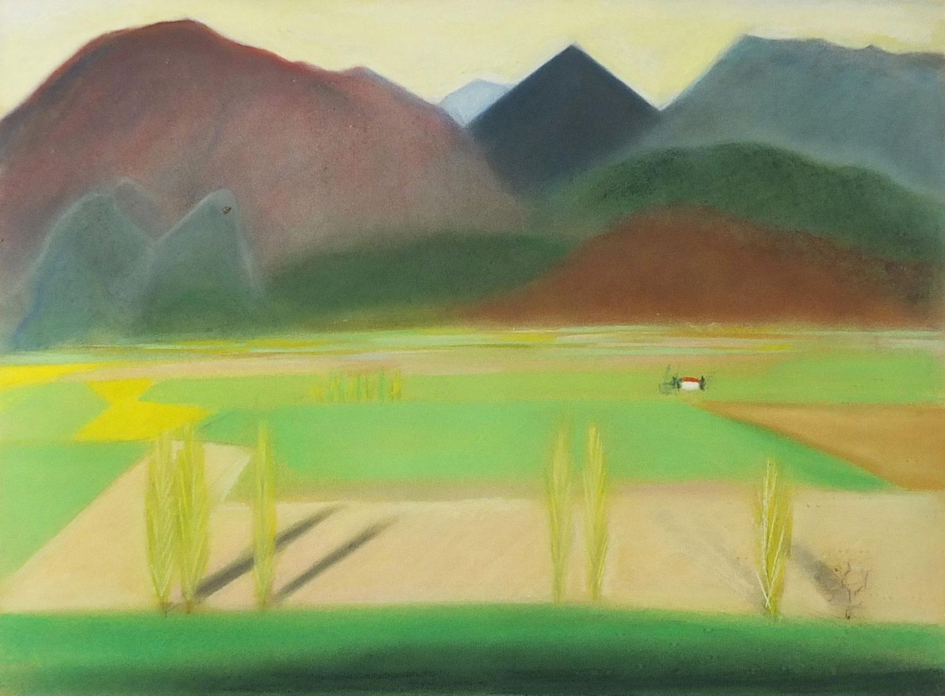 Kate Gault - Mountainous landscape, signed coloured crayon, label verso, mounted, framed and glazed,