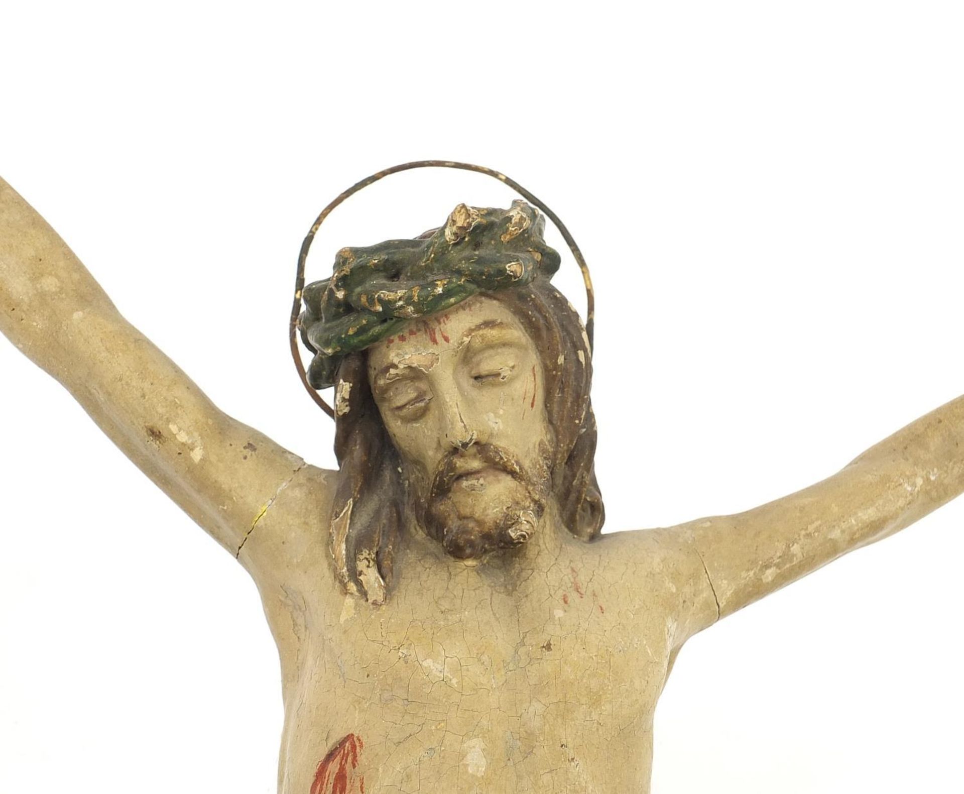 Antique painted lacquered wood carving of Christ with crown of thorns, possibly German, 53cm high - Image 2 of 3