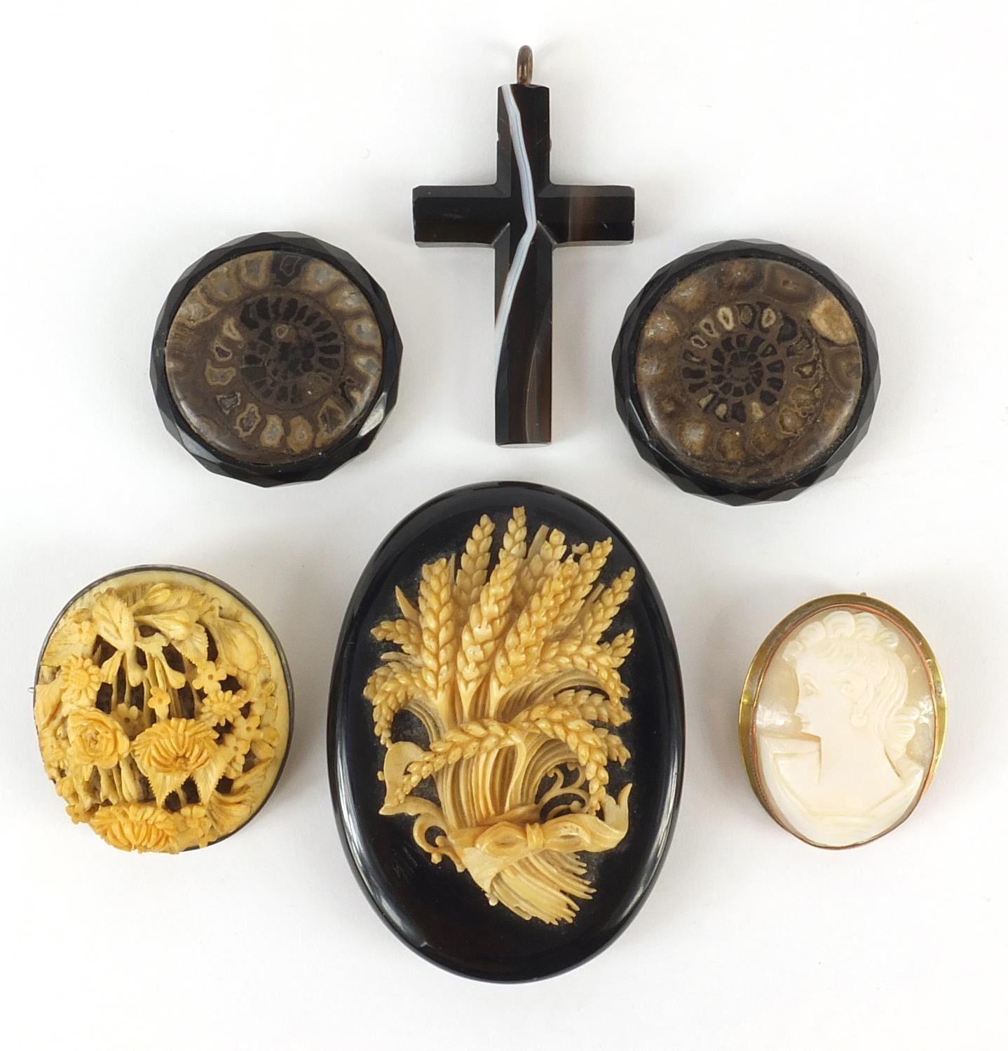 Antique jewellery including a large jet and carved ivory brooch, Scottish agate cross pendant and