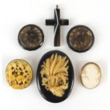 Antique jewellery including a large jet and carved ivory brooch, Scottish agate cross pendant and