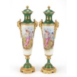 Large pair of French porcelain vases and covers with gilt bronze mounts in the style of Sevres, each