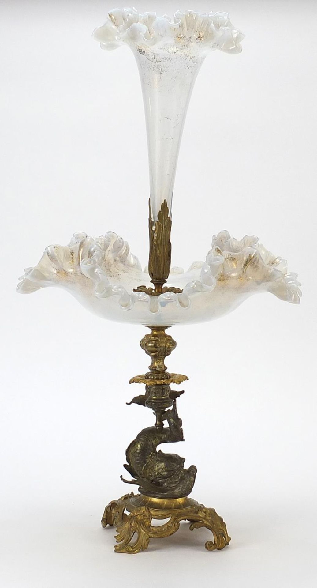 19th century opaline glass and gilt bronze dolphin centrepiece with frilled glass flute, 56cm high - Image 5 of 6