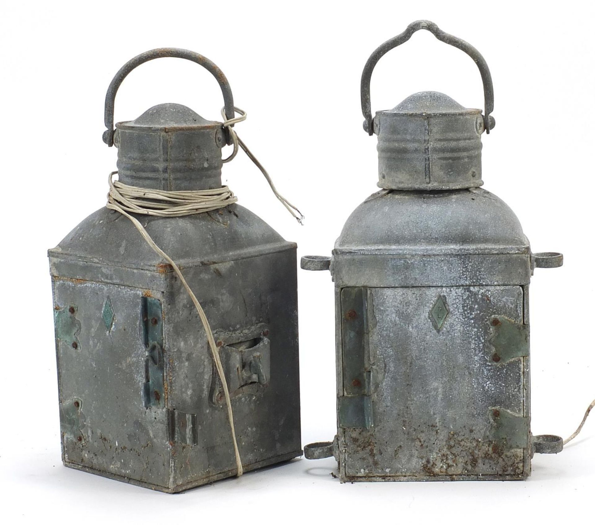 Two weathered ship's lamps including port, each with applied DL maker's mark, each 31cm high - Image 2 of 3