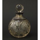 George V cut glass scent bottle with stopper and silver collar, indistinct maker's mark,