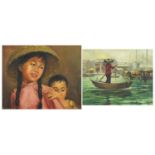 Ming - Portrait of two Chinese children and a harbour, two Asian school oil on canvasses, mounted