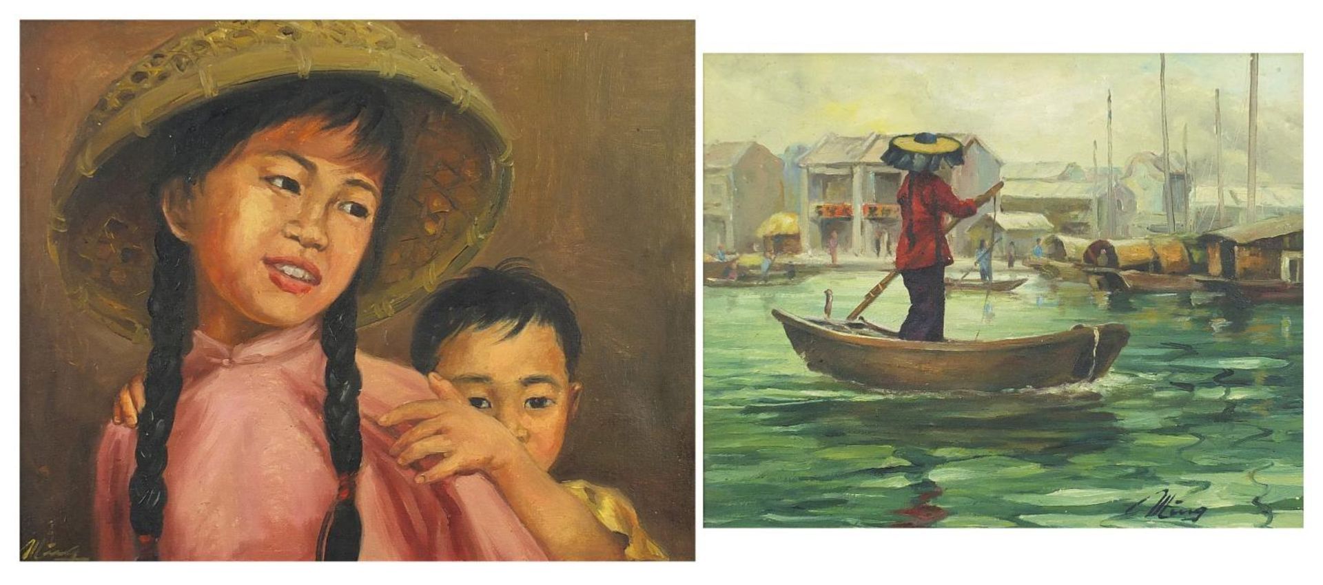 Ming - Portrait of two Chinese children and a harbour, two Asian school oil on canvasses, mounted