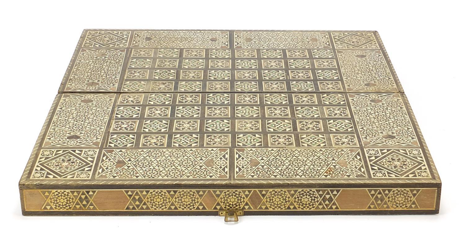 Syrian Moorish design inlaid folding chess/ backgammon games board, 50cm x 50cm when open - Image 3 of 5