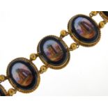Antique Italian gilt metal and black onyx, bracelet painted with ruins, 18cm in length, 36.8g