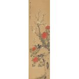 Bird on a cliff edge with cherry and peony blossom, Chinese watercolour on paper scroll with