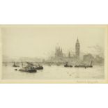 Rowland Langmaid - Barges on the River Thames, etching, mounted, framed and glazed, 26cm x 14cm