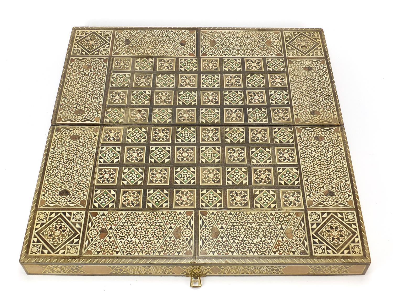 Syrian Moorish design inlaid folding chess/ backgammon games board, 50cm x 50cm when open - Image 4 of 5