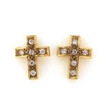 Pair of 9ct gold cross stud earrings set with clear stones, 1cm high, 1.8g