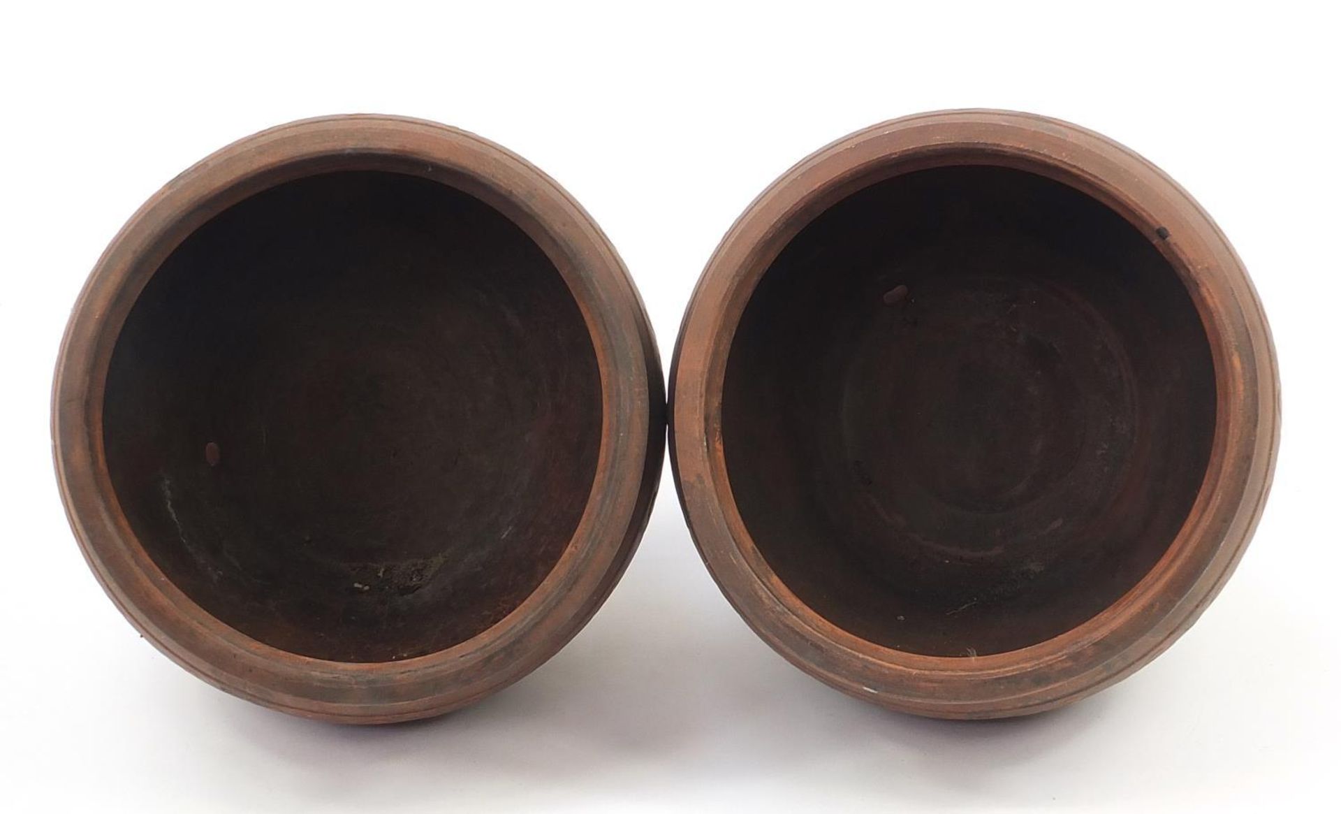 Pair of terracotta planters incised with foliate design, each 29.5cm high x 31.5cm in diameter - Image 3 of 4