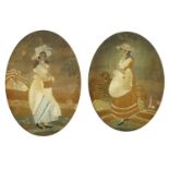 Pair of Georgian oval silk panels embroidered with females, framed and glazed, each 21cm x 16cm