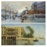 Parisian street scene and Venetian canal, pair of oil on boards, mounted and framed, each 39.5cm x