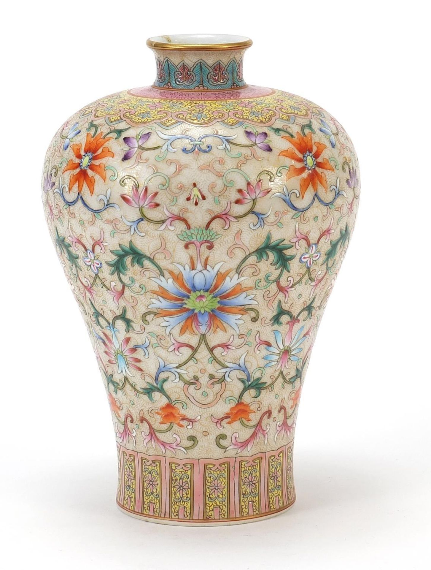 Chinese porcelain Meiping vase finely hand painted with flower heads amongst scrolling foliage, - Image 3 of 8