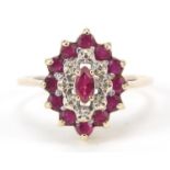 9ct gold ruby and diamond three tier cluster ring, size M, 2.1g