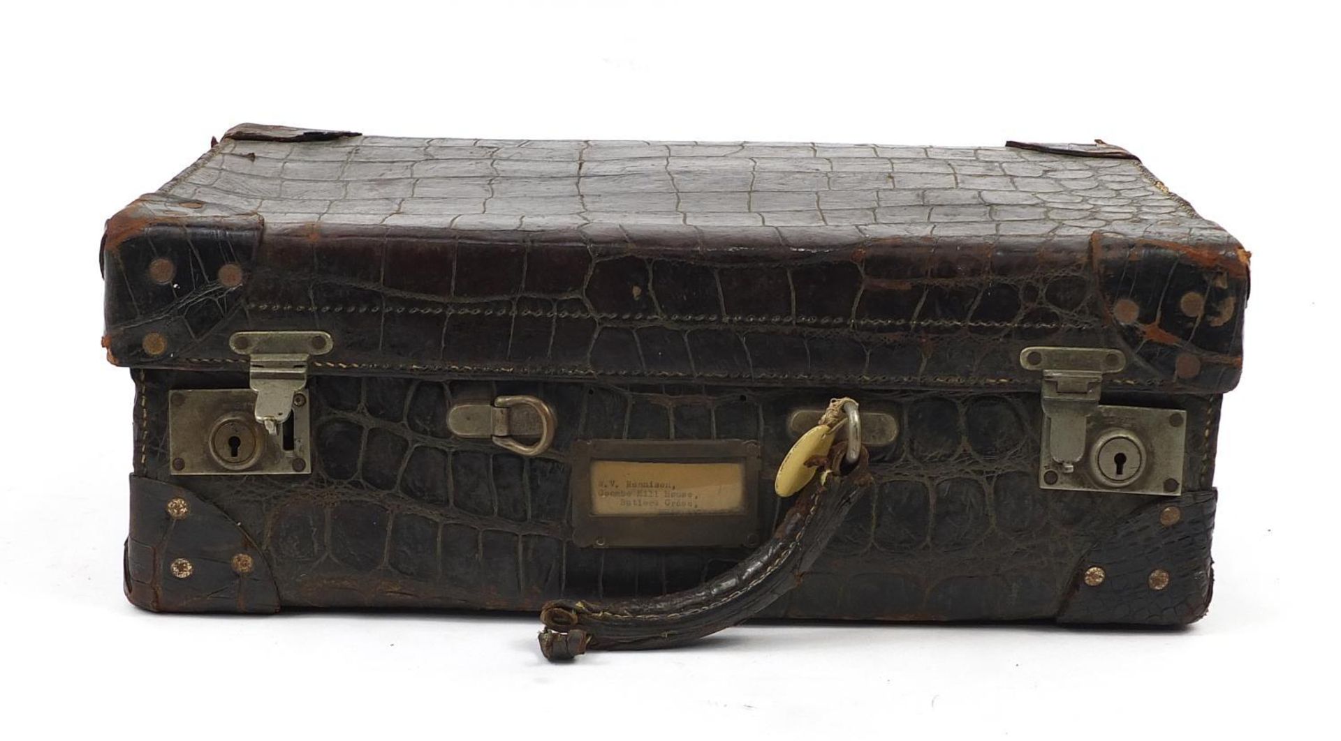 Early 20th century taxidermy interest crocodile skin suitcase, 34.5cm H x 51cm W x 17cm D - Image 3 of 6