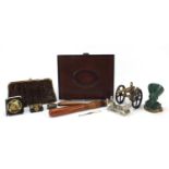 Objects including a table cannon, Police truncheon, malachite bust and treen