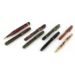 Vintage fountain pens and propelling pencils including Onoto green snakeskin, Waterman's Ideal Brown