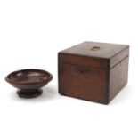 Victorian mahogany portable till with brass mounts and a carved Black Forest musical bowl, the