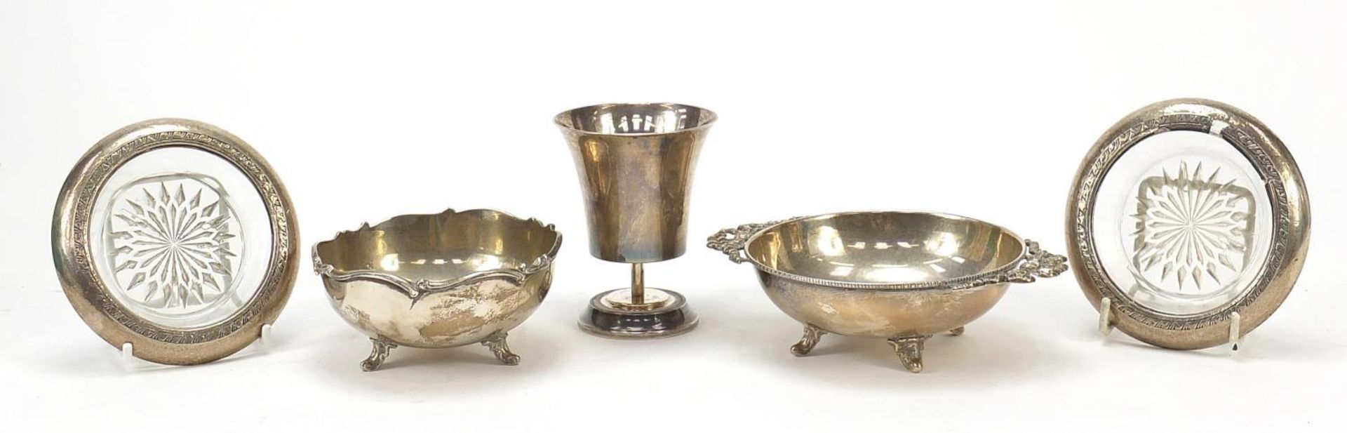 Silver items including a Michaud sterling beaker and a Royssas twin handled dish, various hallmarks,