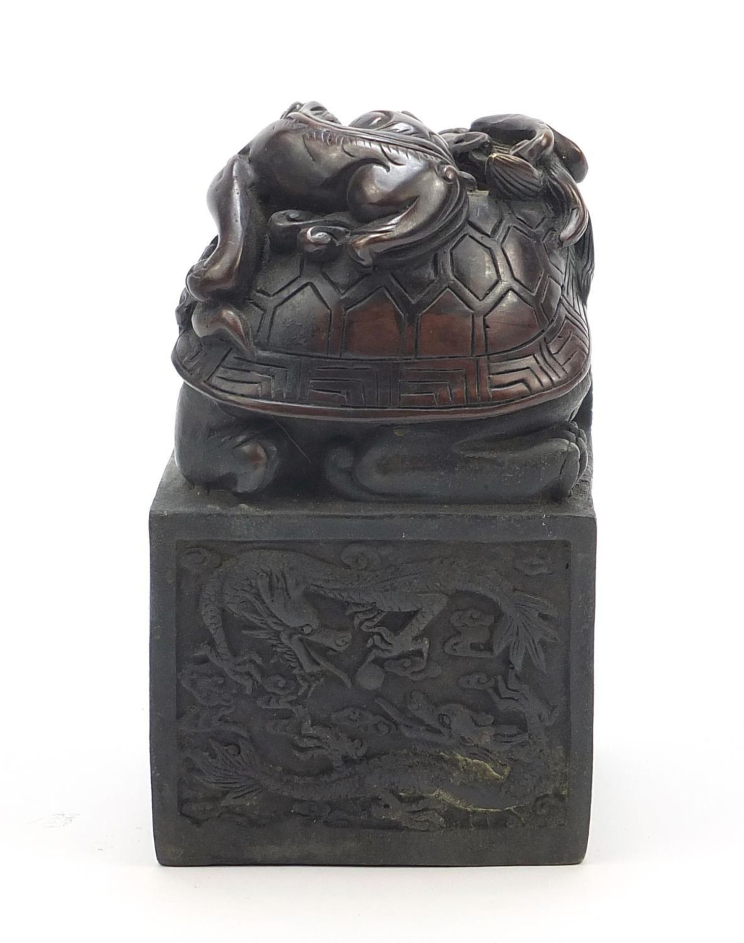 Large Chinese patinated bronze dragon and tortoise design seal with character marks to the base, - Image 3 of 6