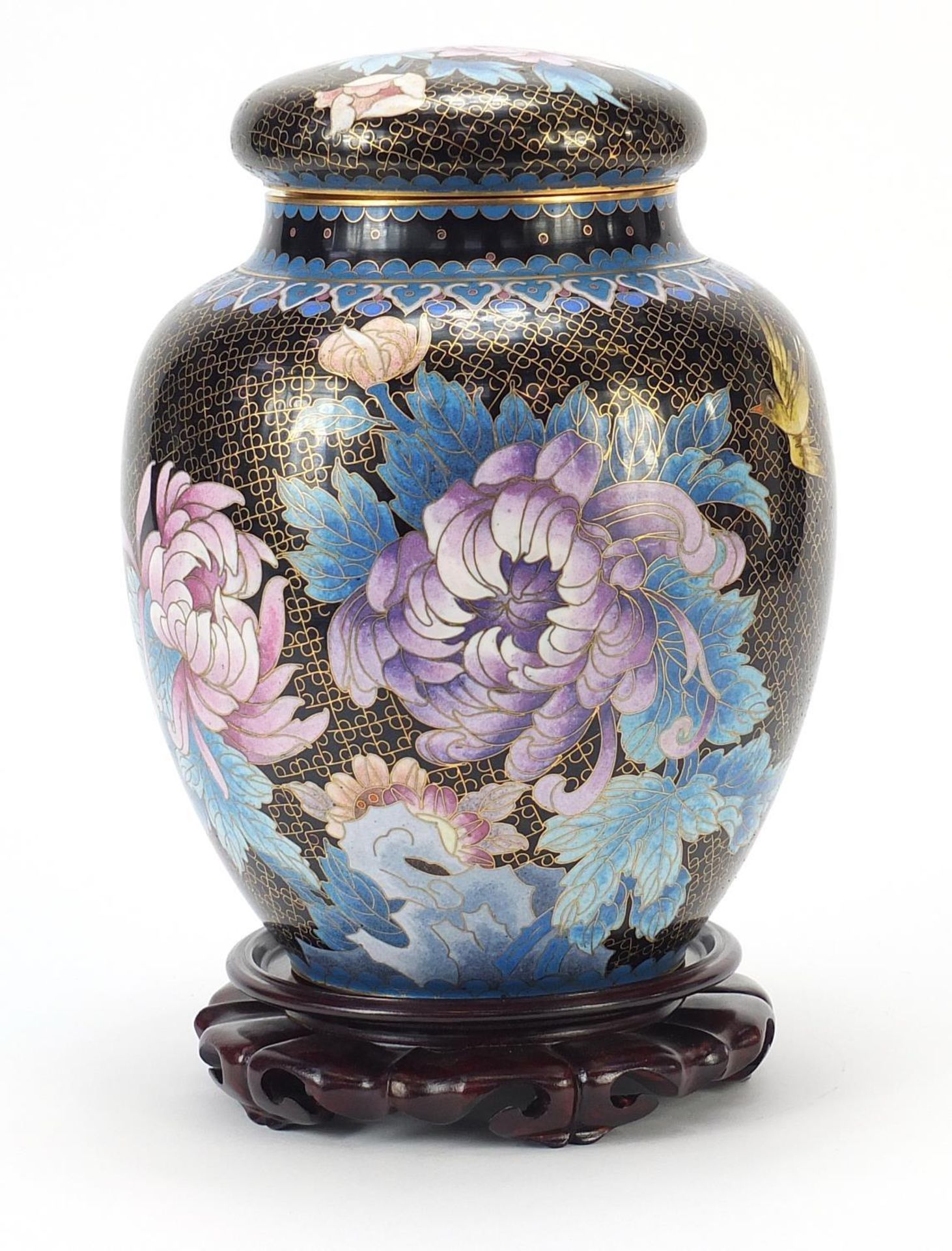 Large Chinese cloisonné ginger jar and cover enamelled with flowers, raised on a carved hardwood - Image 3 of 6