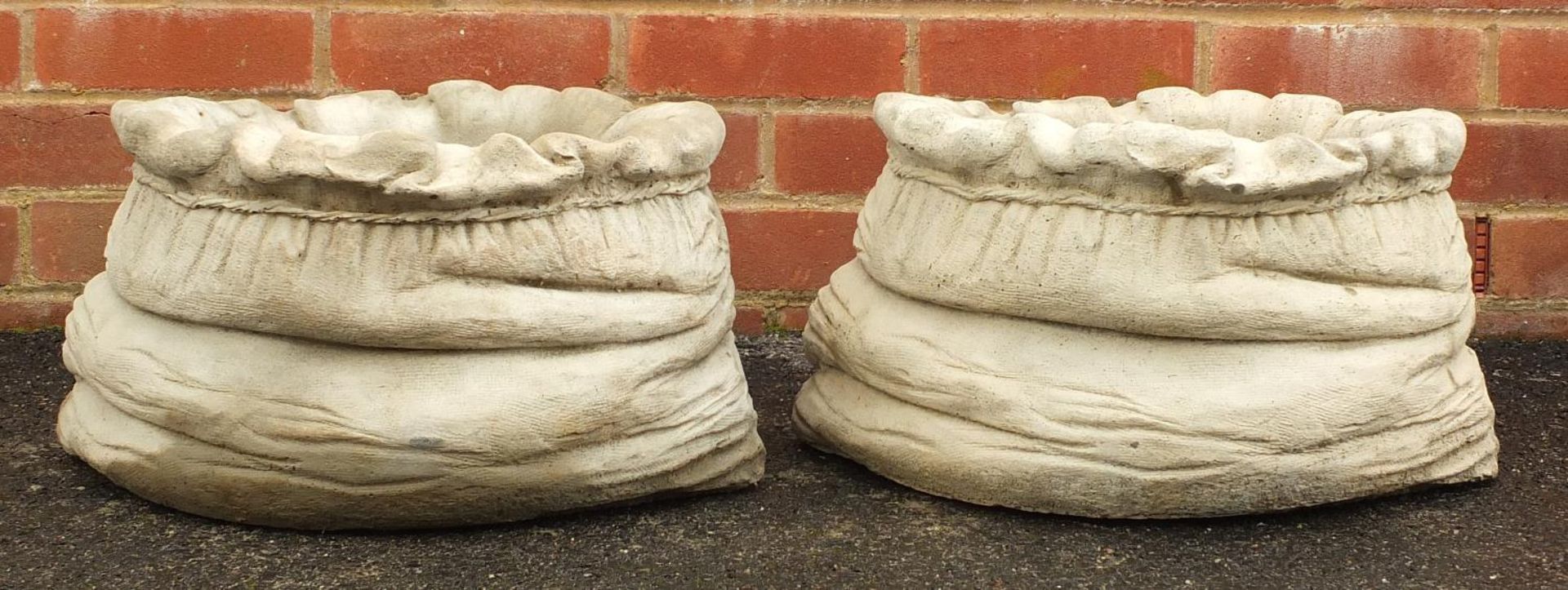 Pair of stoneware garden sack design planters, 25cm high x 40cm wide - Image 2 of 2