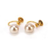 Pair of 9ct gold simulated pearl earrings with screw backs, 8mm in diameter, 2.4g