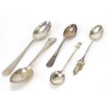 Five silver teaspoons, various Sheffield and Birmingham hallmarks, the largest 14cm in length, total