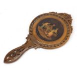 Italian Sorrento ware hand mirror inlaid with three peasants, 33cm in length