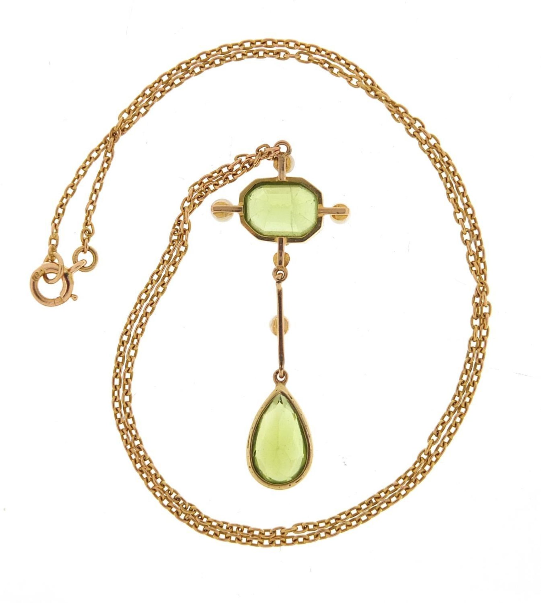 Art Nouveau 15ct gold peridot and pearl pendant necklace, 40cm in length, the pendant 4.2cm high, - Bild 3 aus 3