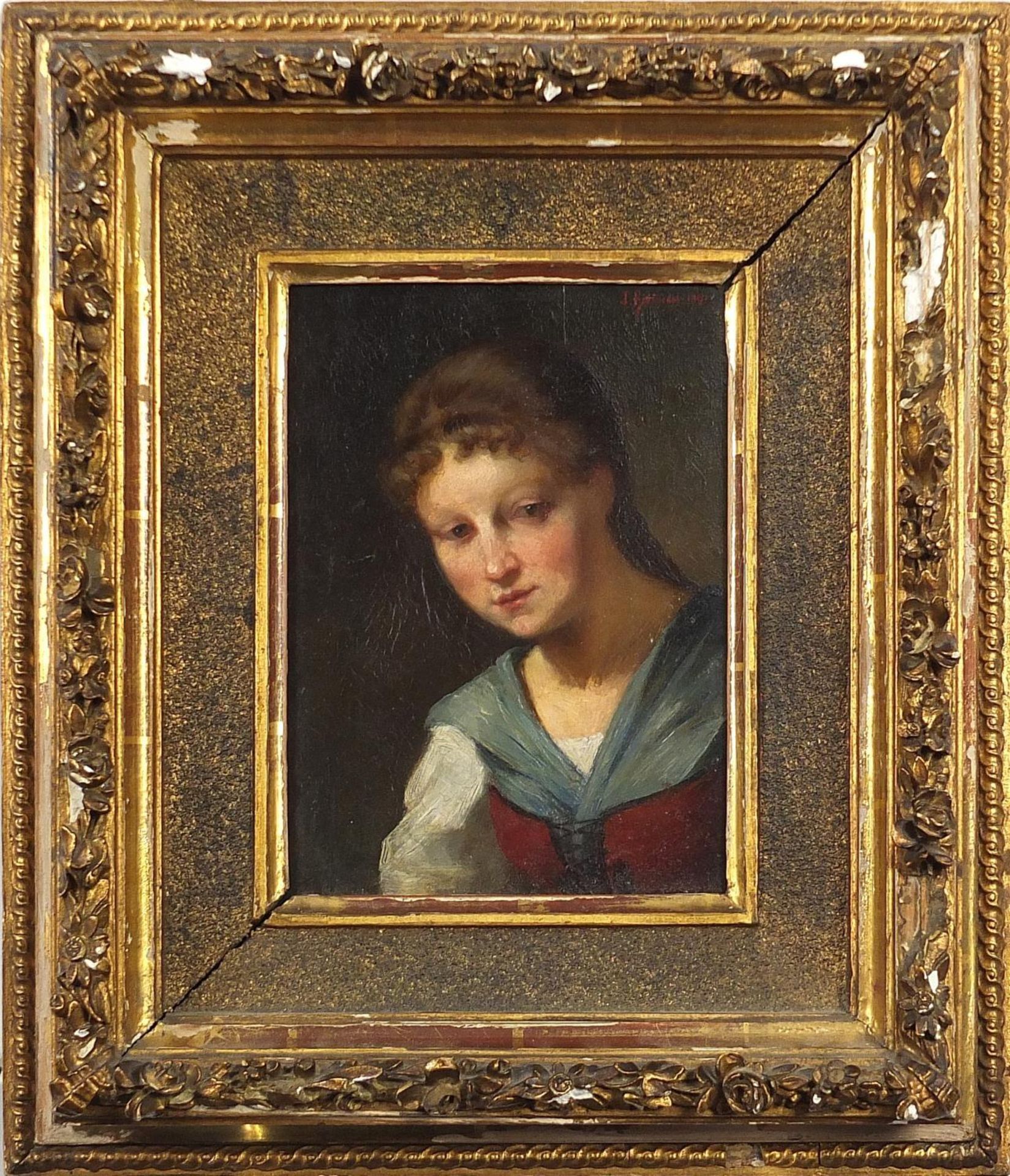 J Bernard - Portrait of a young woman, 19th century Continental school oil on wood panel, mounted - Image 2 of 4