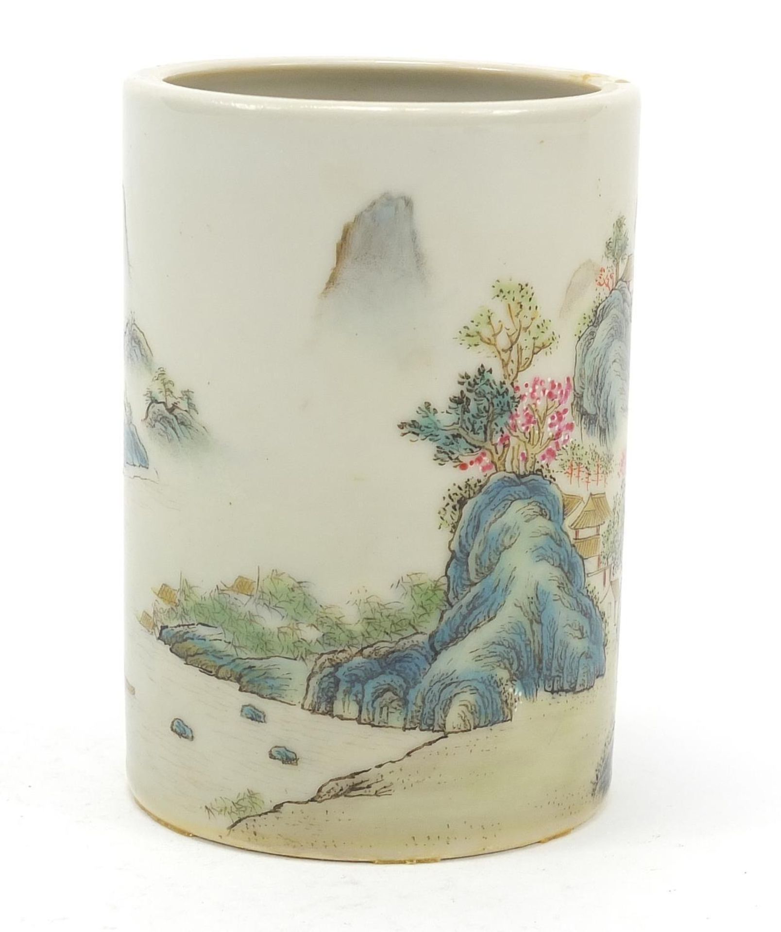 Chinese porcelain brush pot finely hand painted in the famille rose palette with a river - Image 4 of 8