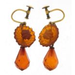 Pair of gilt metal amber drop earrings with screw backs, 2.5cm high, 2.5g