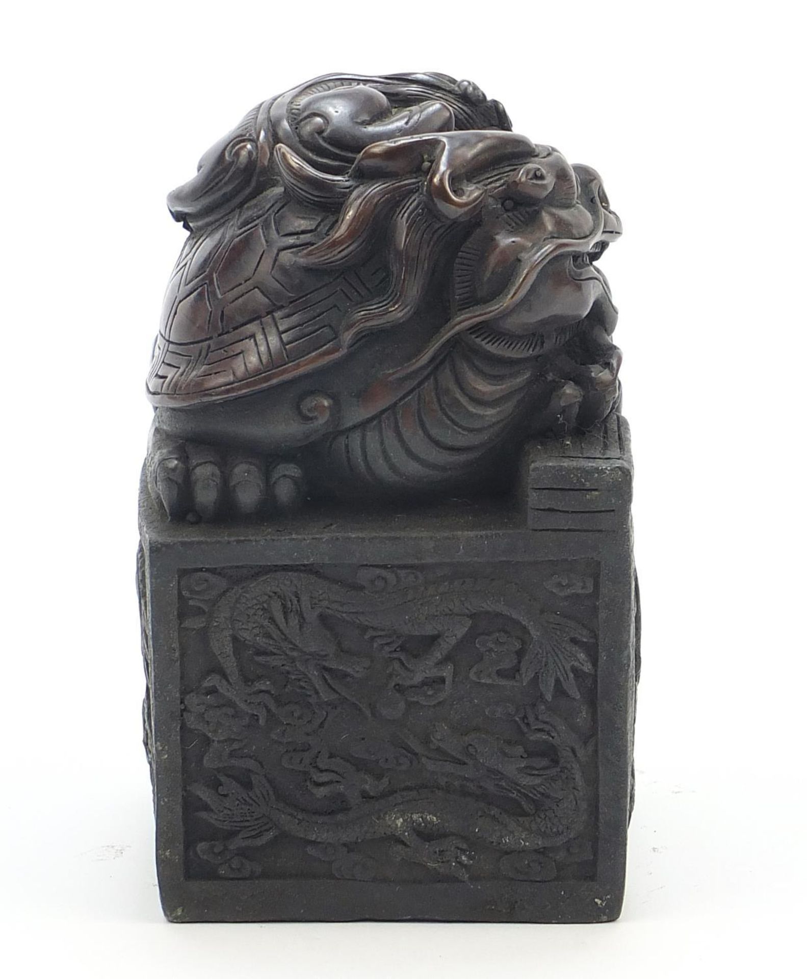 Large Chinese patinated bronze dragon and tortoise design seal with character marks to the base, - Image 4 of 6
