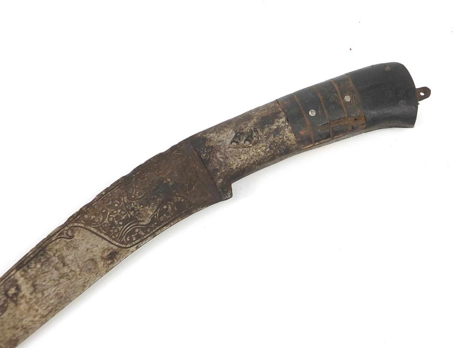Afghan Pesh-kabz dagger with bone handle and steel blade engraved with a wild animal amongst - Image 2 of 4