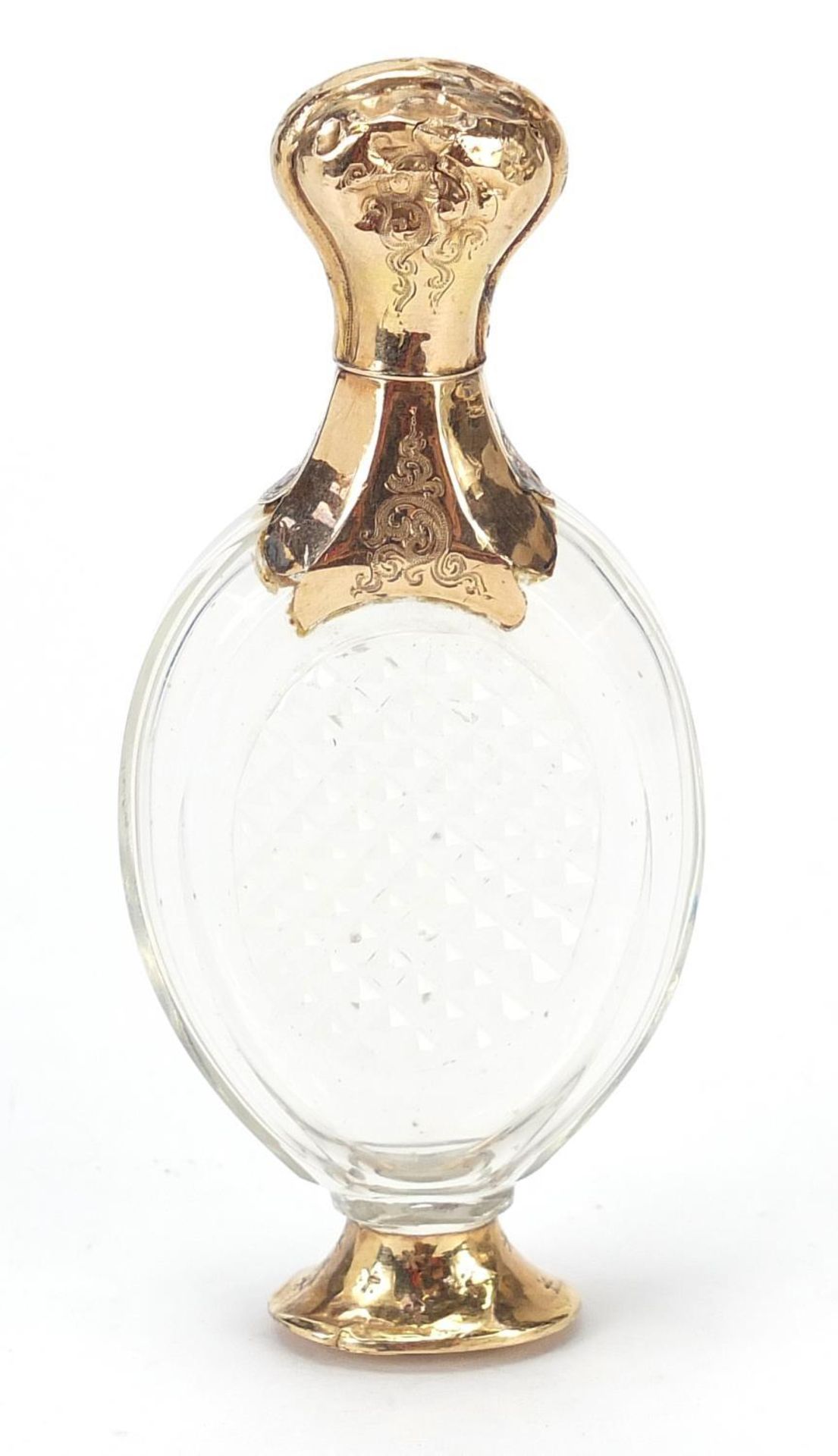 Dutch gold mounted cut glass scent bottle with stopper, impressed marks to the mount, 9.5cm high