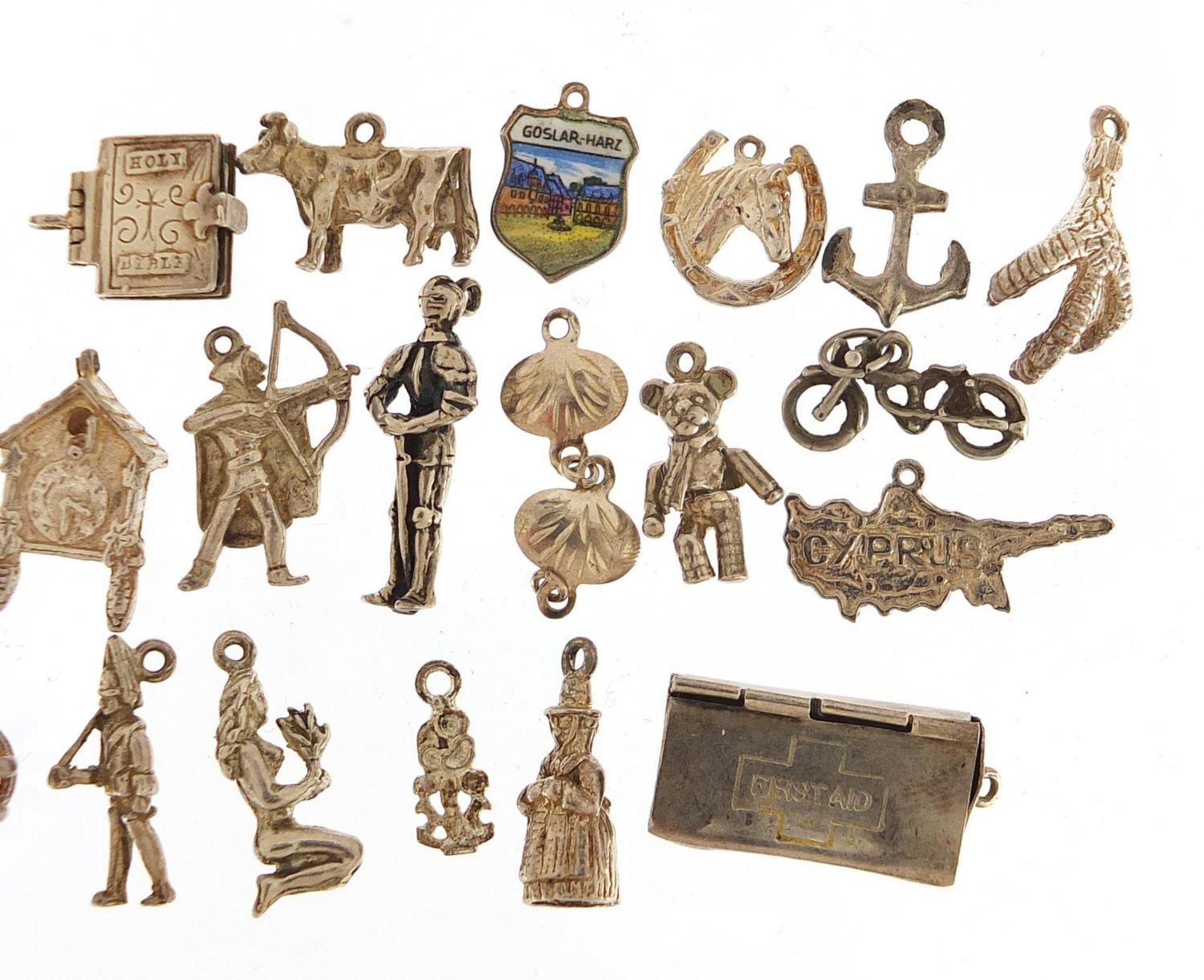 Collection of silver charms including Rupert Bear, hinged first aid box, vintage motorcycle, - Image 3 of 8