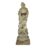 Stoneware garden figure of a female holding a dove, 94cm high
