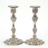 Pair of 19th century classical silver plated acanthus leaf candlesticks, each 25.5cm high