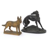 Patinated bronze whippet with game after Mene and one other, the largest 15cm wide