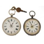 Two ladies' silver open face pocket watches with enamelled dials, 40mm and 37mm in diameter