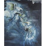 Rob Buckland Nicks - Two herons, oil on canvas, mounted and framed, 75.5cm x 62.5cm excluding the