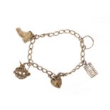 Silver charm bracelet with charms including an abacus and love heart padlock, 16.2g