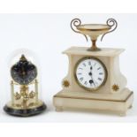 German brass anniversary clock and alabaster mantle clock with enamel dial, the largest 25.5cm high