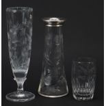Cut glassware including a vase with silver rim, vase by The Crystal Gallery, Dubai and 19th
