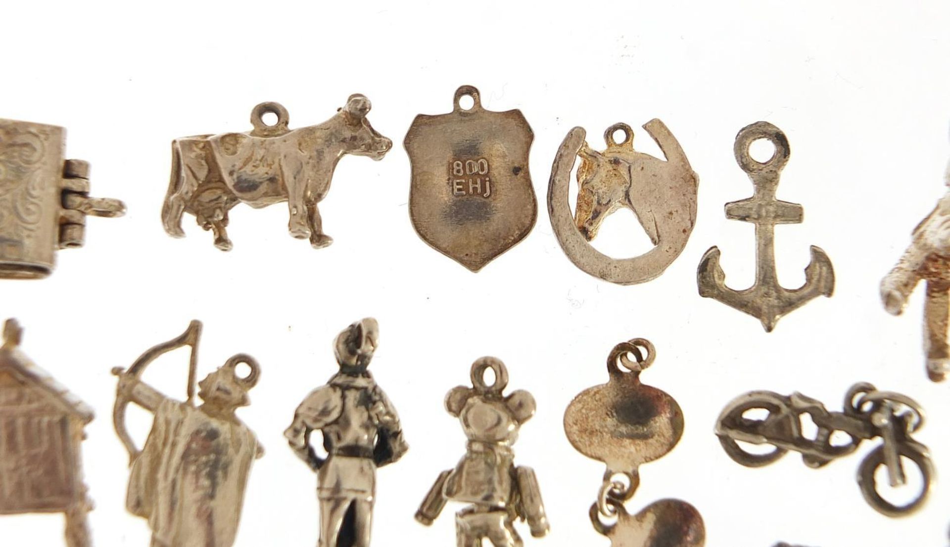 Collection of silver charms including Rupert Bear, hinged first aid box, vintage motorcycle, - Image 7 of 8