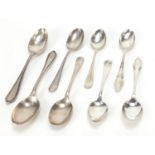 Eight silver teaspoons, various hallmarks, the largest 12.5cm in length, total 118.6g